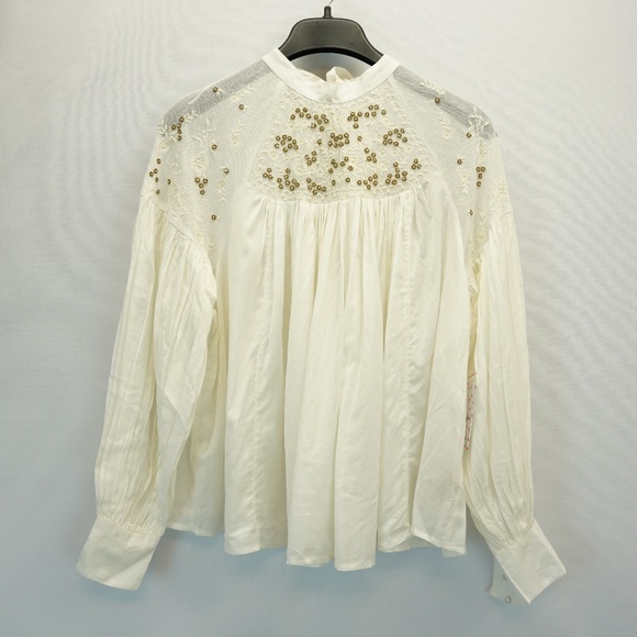 Free People Pleated Embroidered Beaded Blouse S - Picture 1 of 8